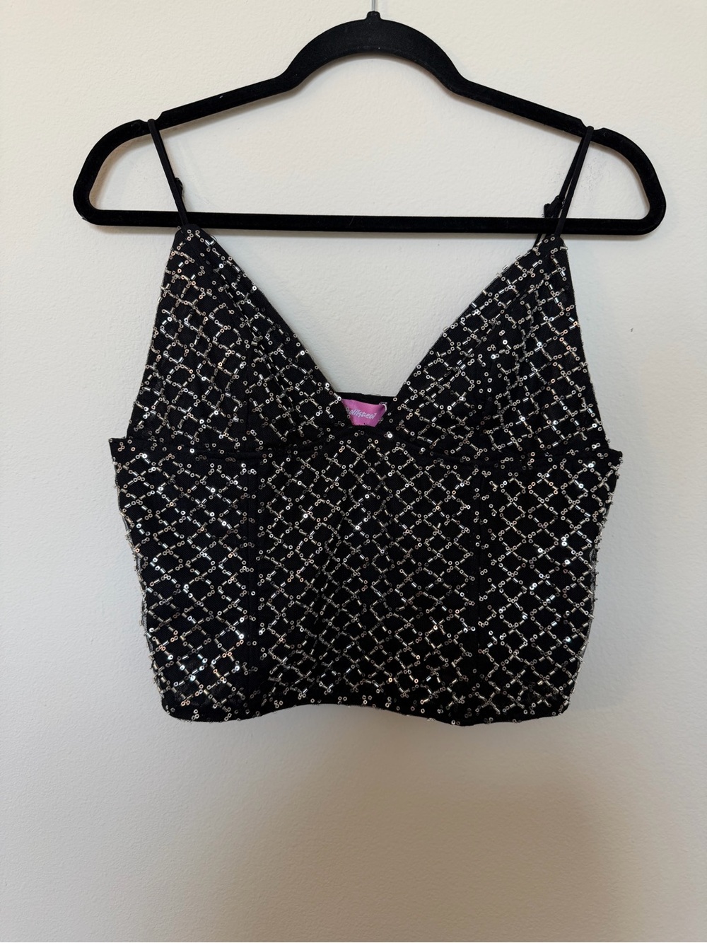 Edikted Jenny Beaded Mesh Boned Top Black with Silver Sequins NWT Large